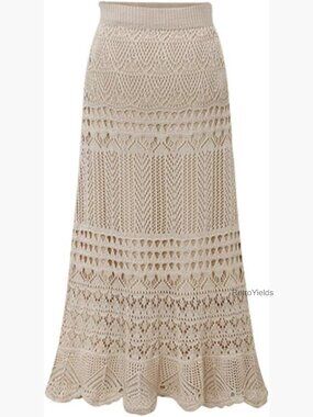 High Waist Crochet Lace Maxi Skirt Flowy A-Line Mermaid Hem Knit Boho Skirt